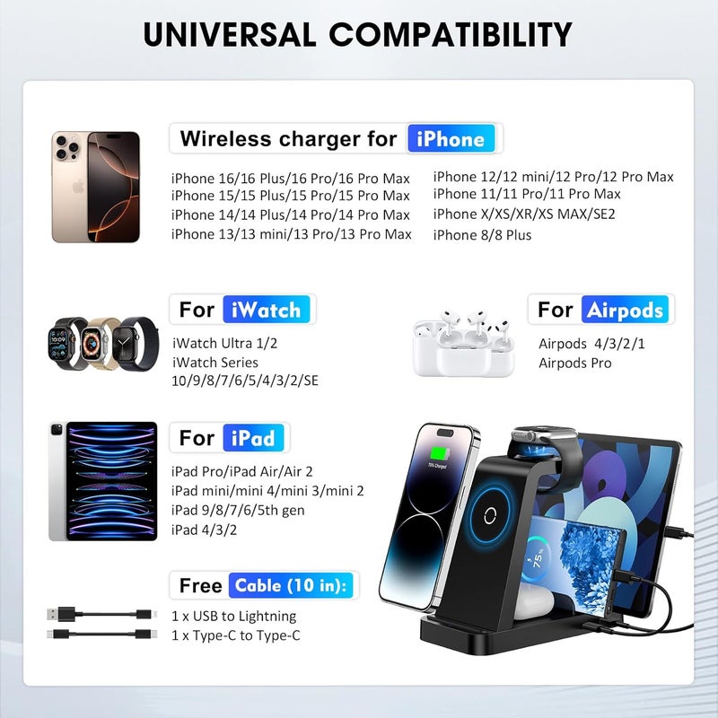 GAUOLN Wireless Charger for iPhone - 5 in 1 Charging Station for Multiple Devices Apple: Fast Wireless Charging Stand Dock for iPhone 17 16e 16 15 14 13 12 Pro Max Apple Watch Airpods - Image 4